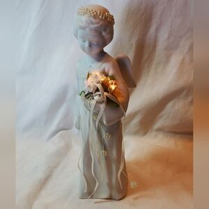 White Bisque Vintage 1990 Light Up Angel Bouquet Flowers Pearls Ribbons